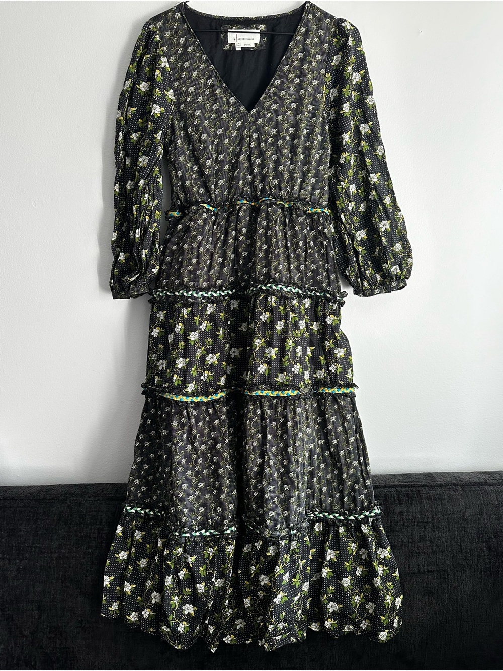 Anthropologie Karoline Black Floral Tiered Maxi Dress with Green Accents Small - Picture 2 of 16